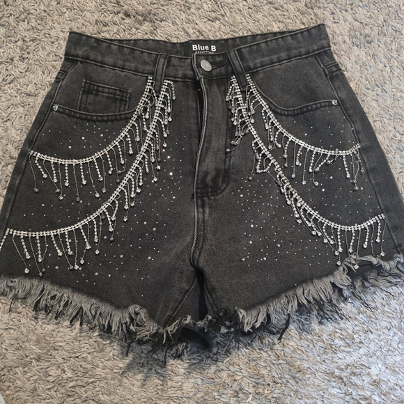 blue b Pants - Women's Black Embellished Denim Fringe Shorts